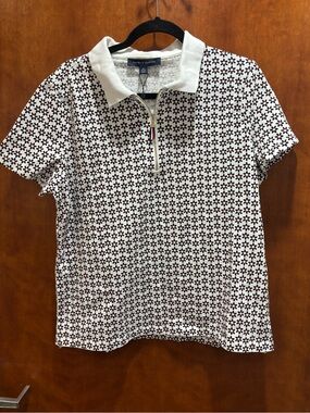 Tommy Hilfiger White Polo with Burgundy Star Pattern and Zip